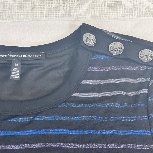 White House Black Market Metallic Striped Ruched Dress Blue Black Silver Mens M - Picture 8 of 10